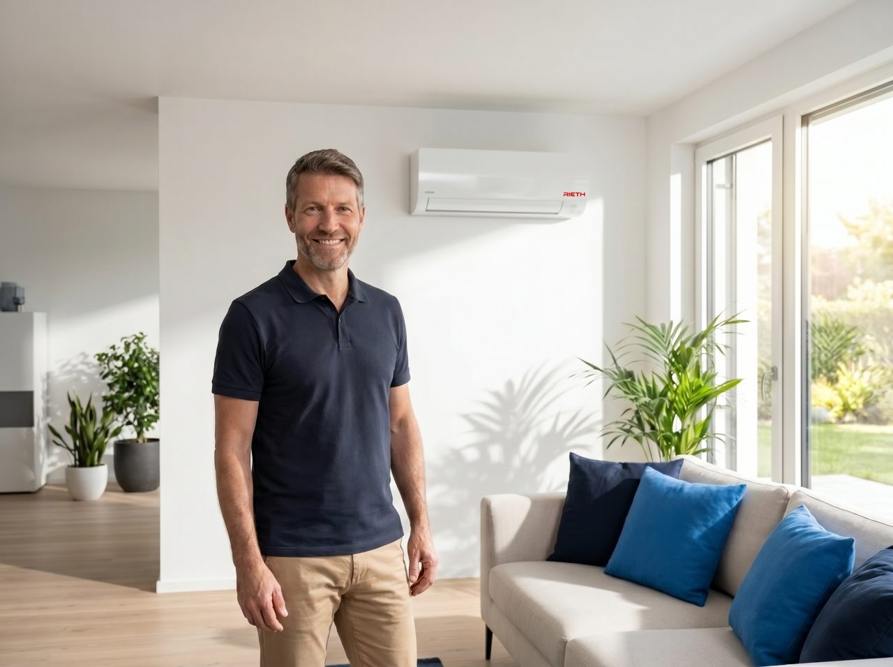Klimagerät von Rieth an der Wand eines modernen Wohnzimmers
