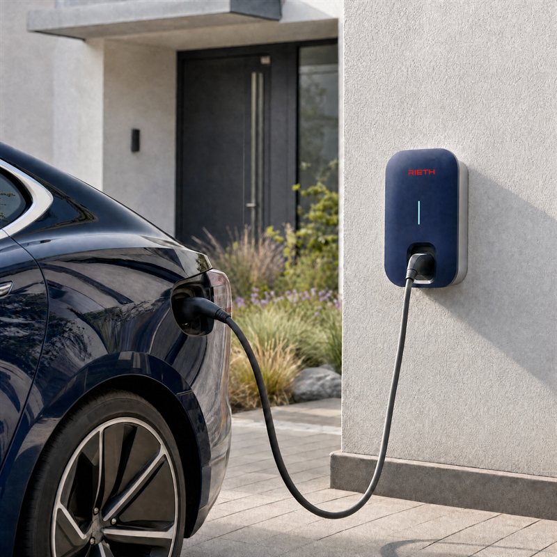Wallbox von Rieth zum Laden eines E-Autos an der Hauswand